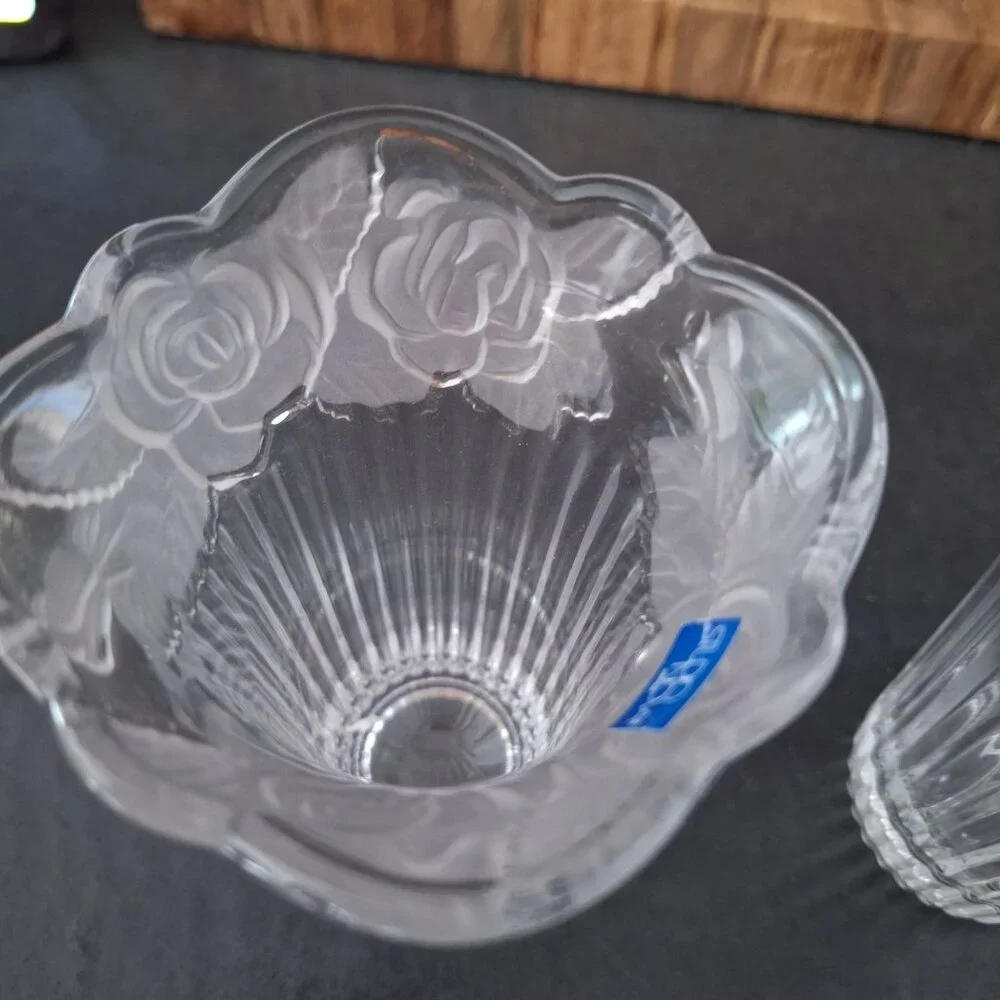 Studio Nova‎ Japan Etched Crystal Pair Floral Vase Set Of 2 Matching Vintage